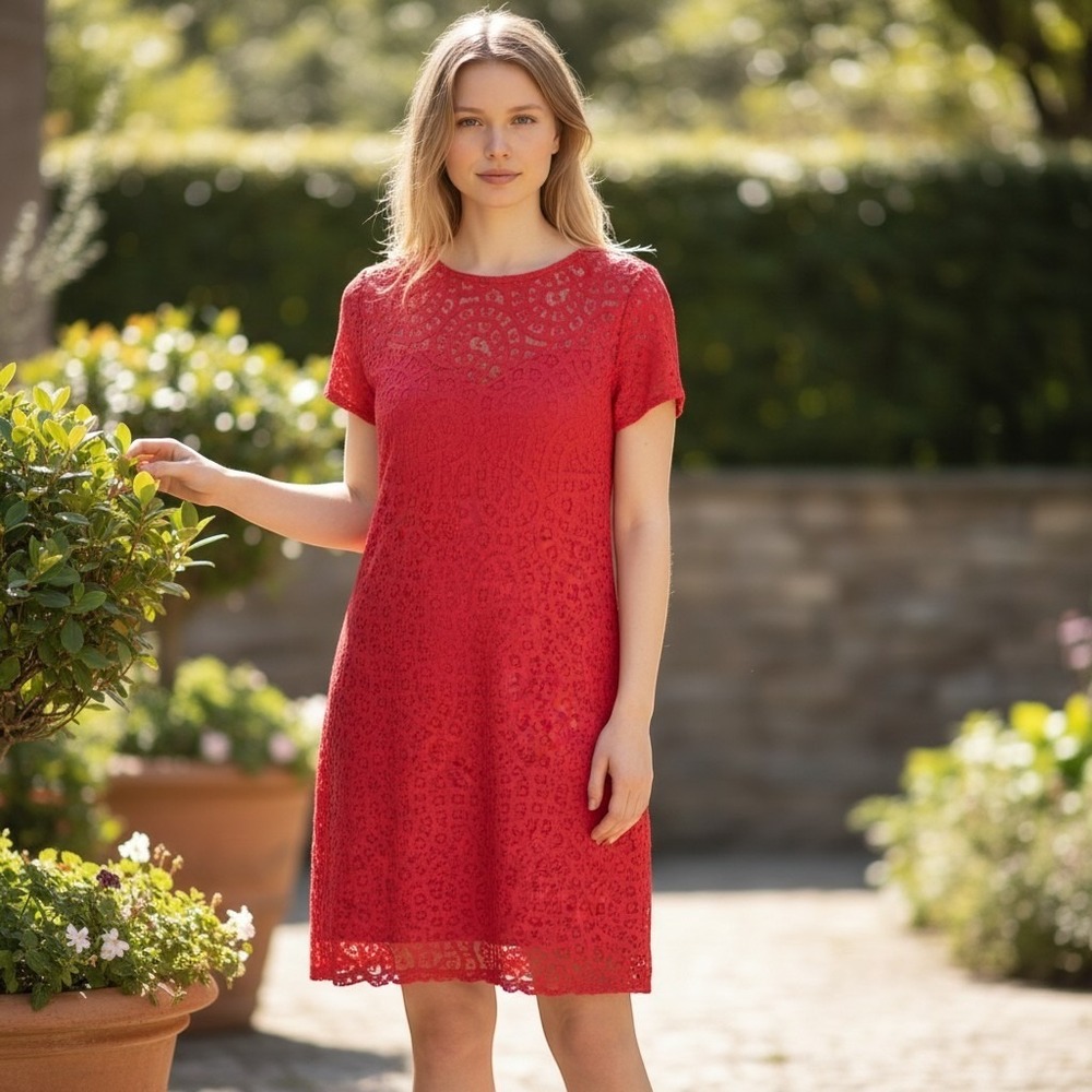 A Pea In The Pod red lace overlay short-sleeve maternity shift dress M Romantic